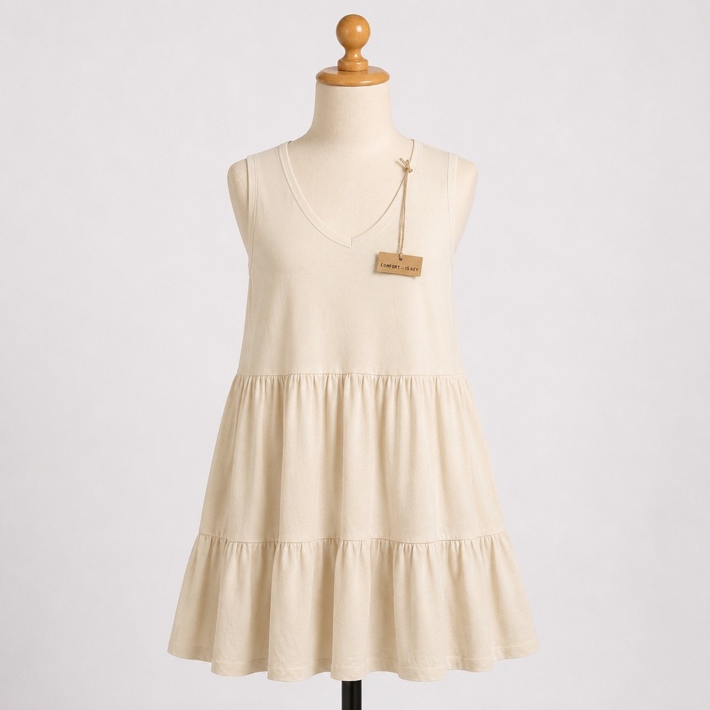 Toad&Co Womens Cream V-Neck Sleeveless Tiered Organic Cotton Slub Dress Small